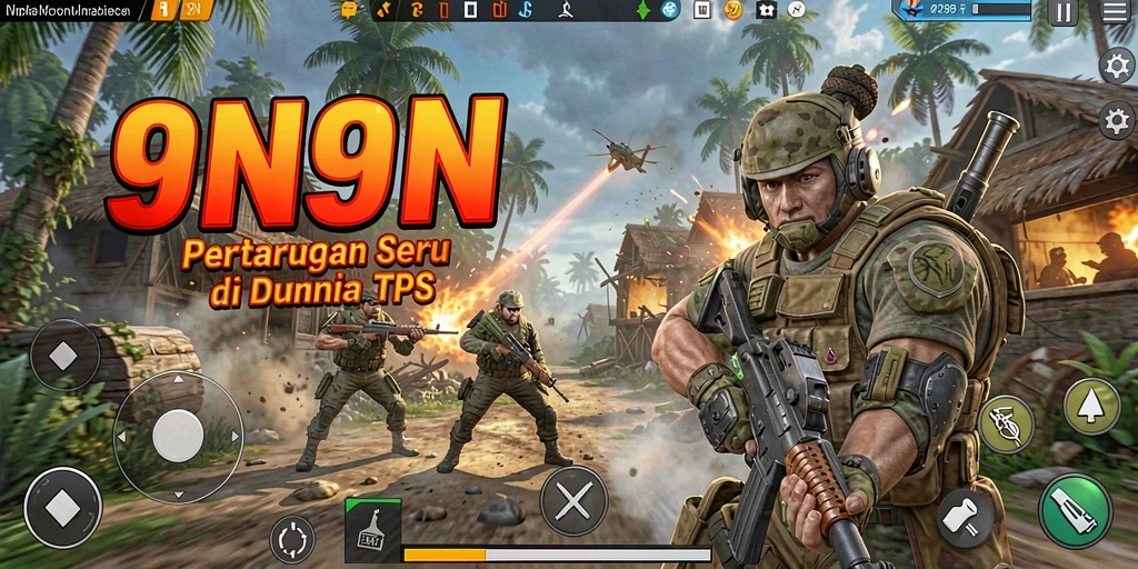 Screenshot 9N9N menampilkan aksi tembak-menembak yang intens.