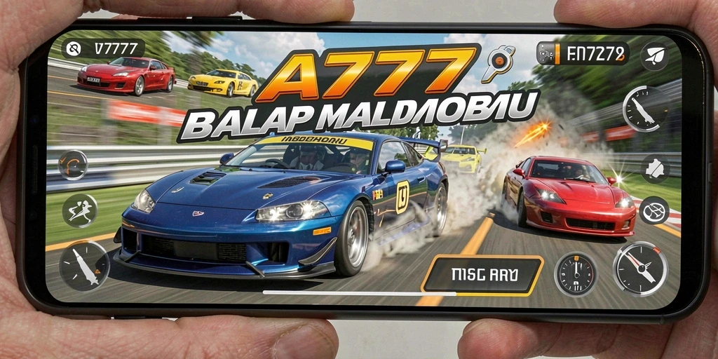 Screenshot A7777 menampilkan balapan seru di jalanan kota dengan mobil cepat.