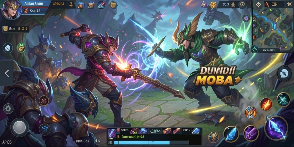 Screenshot menunjukkan karakter dalam aksi seru di arena MOBA.