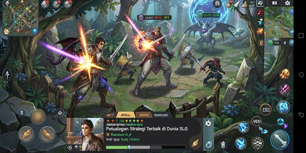 Screenshot gameplay menunjukkan pertempuran strategi SLG yang menegangkan.