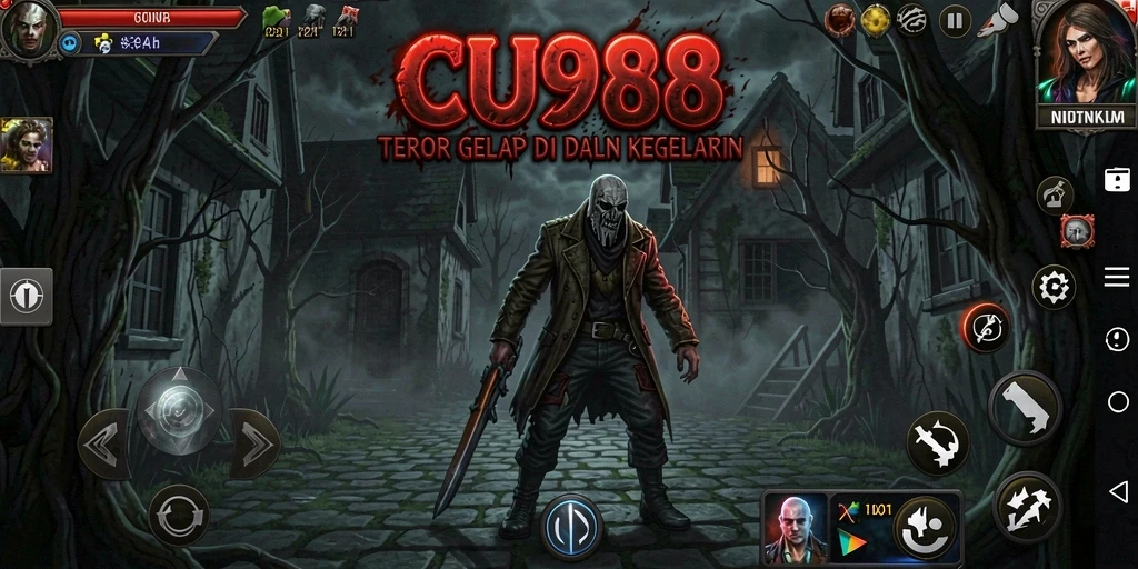 Screenshot gameplay CU888 menunjukkan suasana mencekam dan aksi seram.