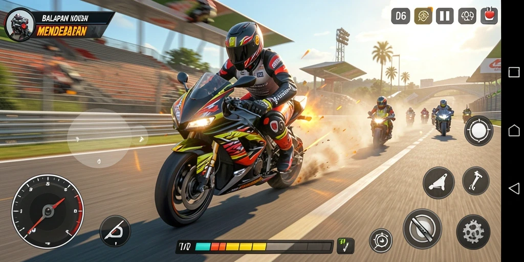Tampilan gameplay D06 dengan aksi balapan motor yang mendebarkan.