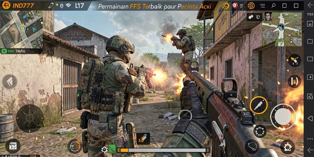 Tampilan gameplay seru dalam pertempuran FPS IND777.