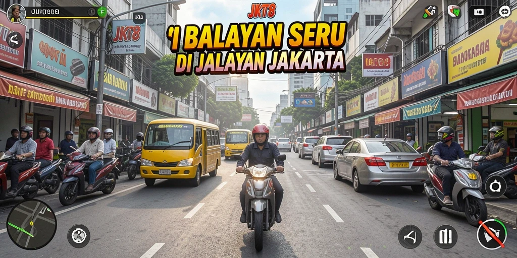 Tampilan gameplay JKT8 dengan mobil balap melaju cepat di jalanan Jakarta.