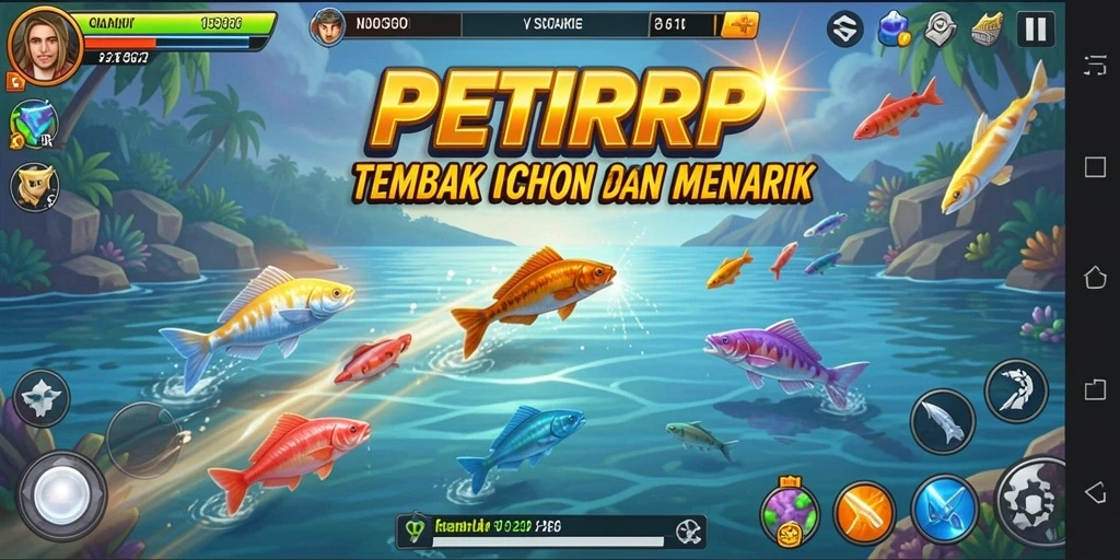 Screenshot utama <strong>PETIRRP</strong> menunjukkan aksi menembak ikan yang seru.