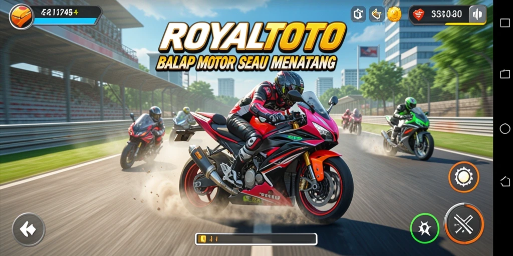 Screenshot gameplay ROYALTOTO menampilkan aksi balapan motor yang mendebarkan.