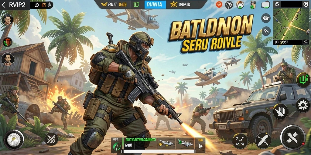 Screenshot utama RVIP2 menunjukkan aksi bertarung sengit dalam Battle Royale.