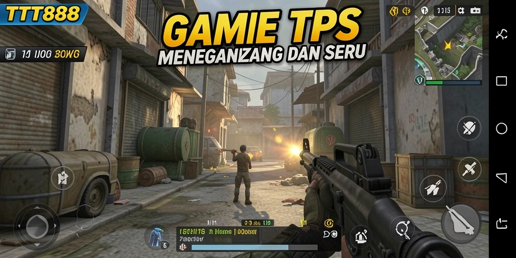 Screenshot utama TTT888 menunjukkan aksi tembak-menembak yang seru.