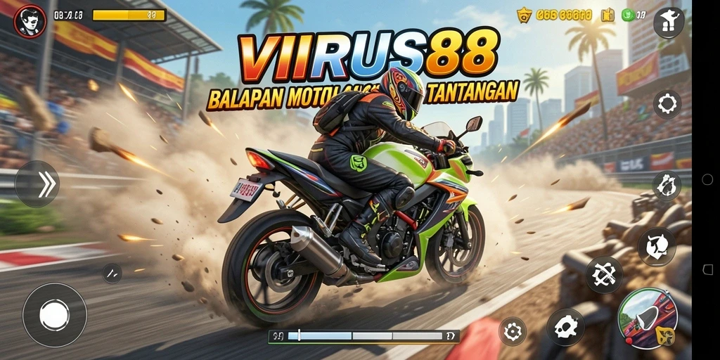 Screenshot dari gameplay <strong>VIRUS88</strong> yang penuh aksi balapan motor.